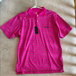 Vibrant Pink Striped Polo Shirt with Short Sleeves